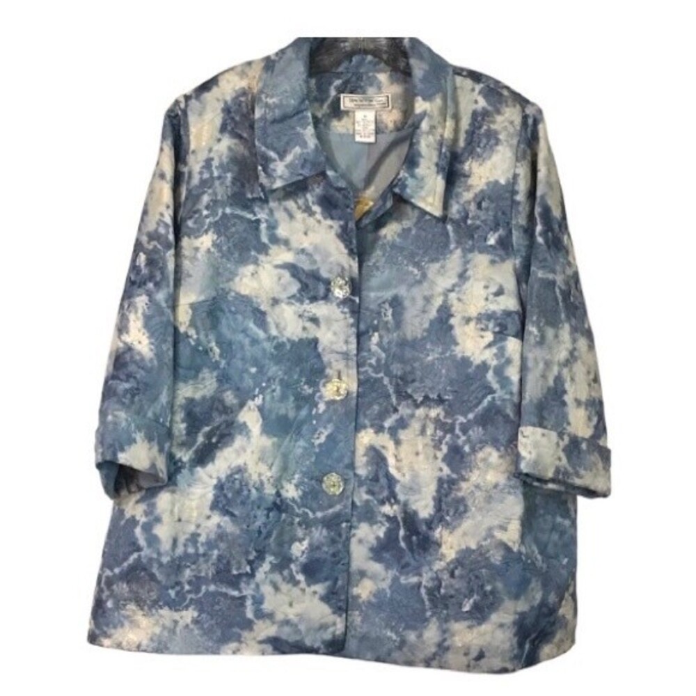 Simonton Says Metallic Blue White Abstract Print Blazer 3/4 Sleeves